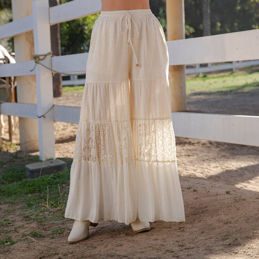 4-Tier Denim Patchwork Wide Leg Pants-Natural