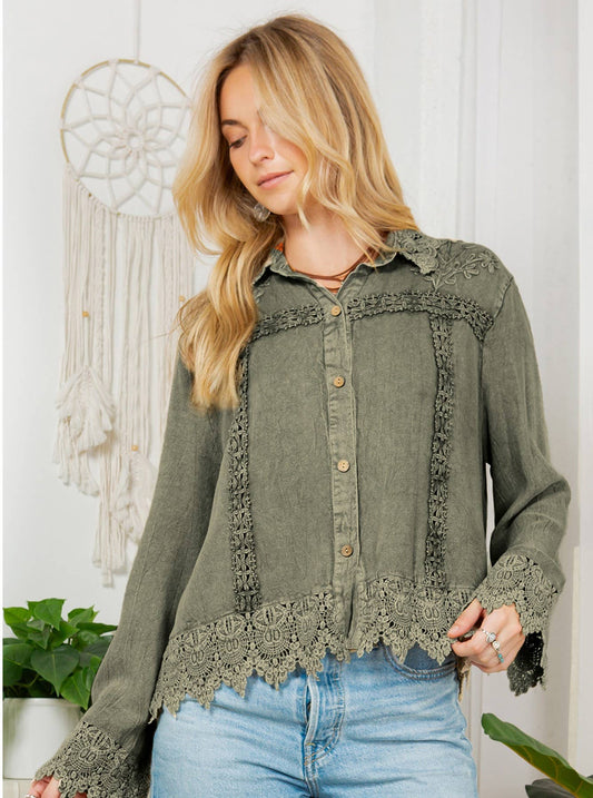 Artisan Boho Lace Trim Button-Front Blouse Top