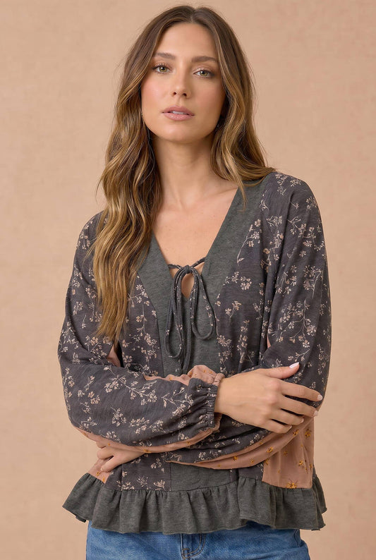 Charcoal & Mauve Floral Tie-Neck Peplum Top