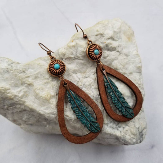 Boho Feather Wooden Teardrop Earrings - Handmade