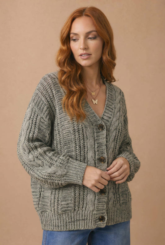 Cozy Company Two-Tone Oversized Cable Knit Cardigan
