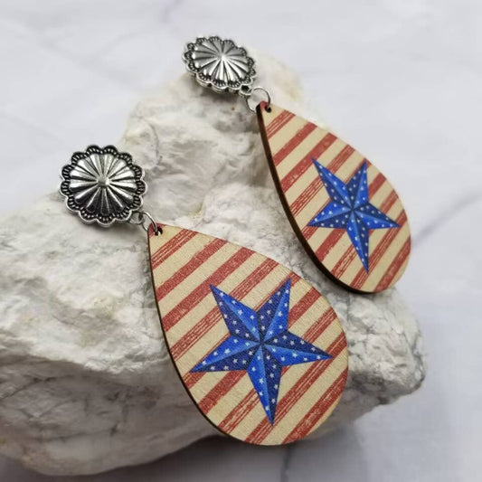 Patriotic Blue Star Stripes Wood Earrings
