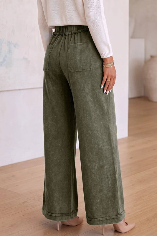 Jungle Green Mineral Wash Seam Detail Flare Leg Drawstring Pants