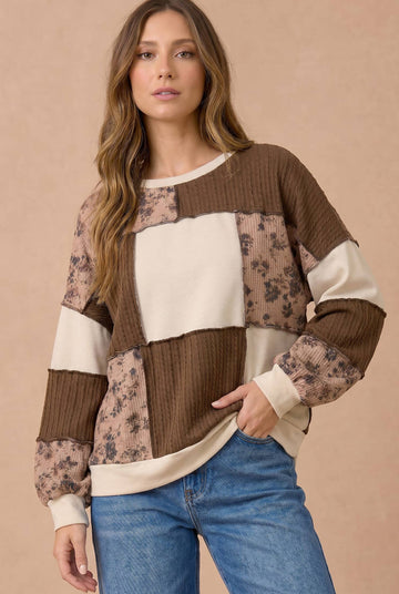 Gather & Bloom Floral Cable Knit Patchwork Top