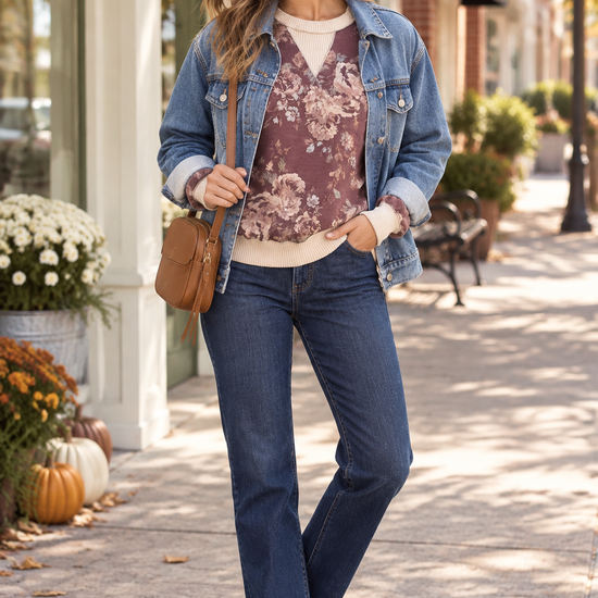 Woman styling a mauve floral sweatshirt with an open denim jacket, neutral baseball hat, jeans, white sneakers, and a cognac crossbody bag