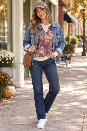 Woman styling a mauve floral sweatshirt with an open denim jacket, neutral baseball hat, jeans, white sneakers, and a cognac crossbody bag