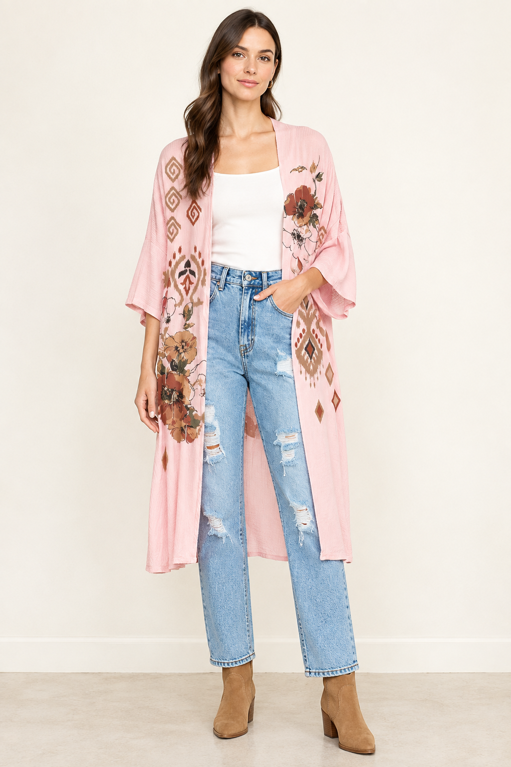 AI-styled studio outfit with pink floral kimono, distressed mom jeans, ivory tank and tan ankle boots