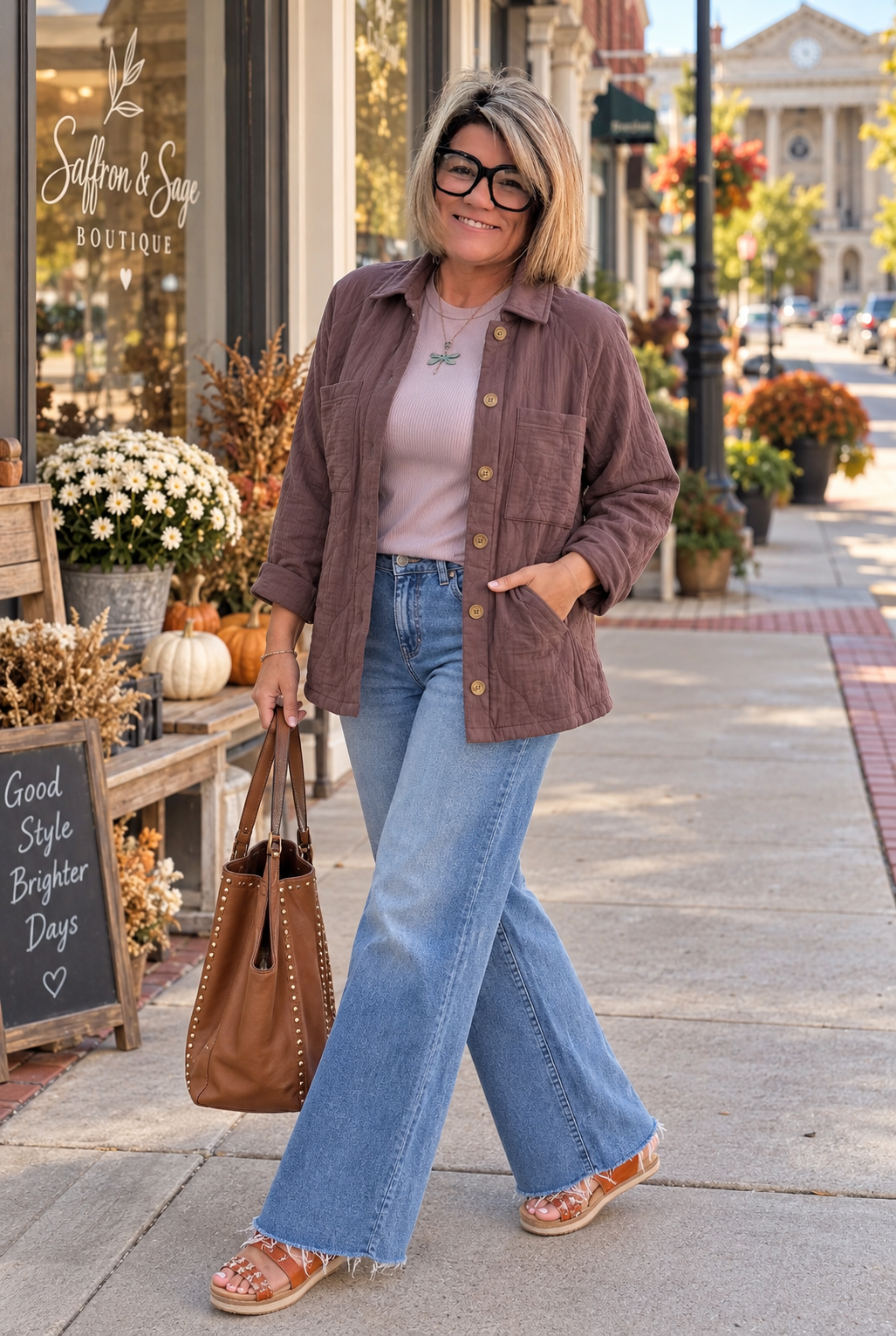 Woman wearing a mauve-brown quilted button-front jacket with a lavender top, wide-leg jeans, and a brown tote outside Saffron and Sage Boutique