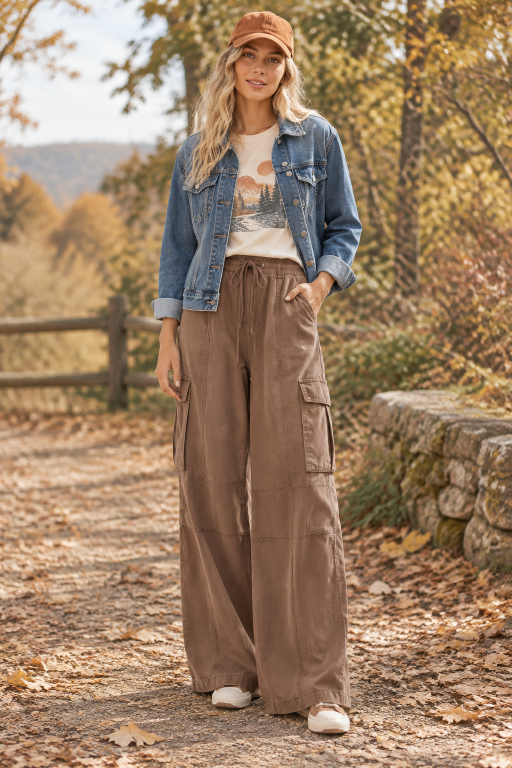 Brown Weekend Wanderer wide-leg cargo pants styled with a denim jacket, graphic tee, and fall baseball cap