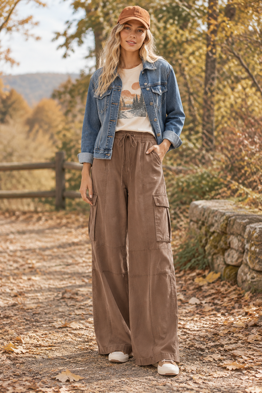 Brown Weekend Wanderer wide-leg cargo pants styled with a denim jacket, graphic tee, and fall baseball cap