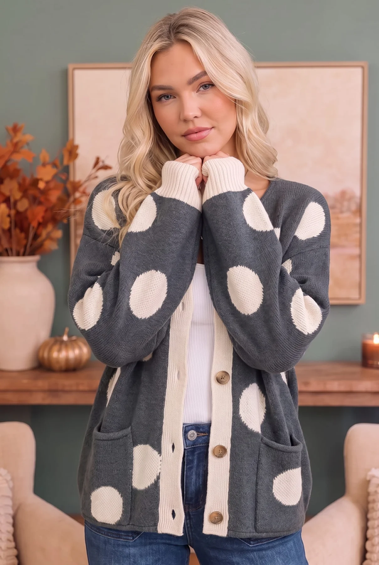 Charcoal Polka Dot Button Front Cardigan