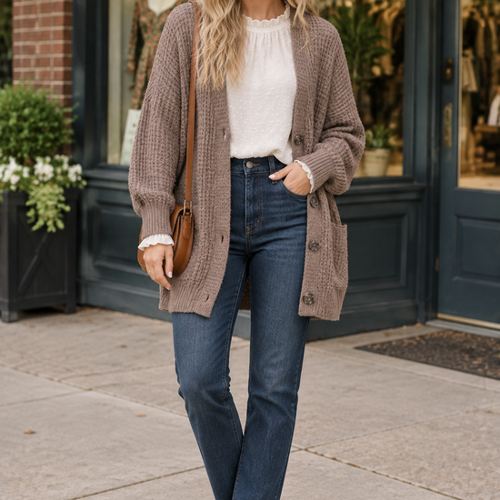 Woman wearing a taupe chunky knit cardigan over an ivory ruffled blouse with dark-wash jeans and ankle boots