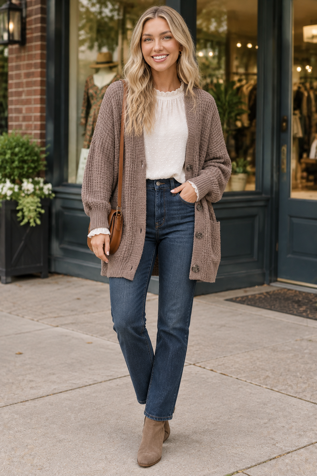 Woman wearing a taupe chunky knit cardigan over an ivory ruffled blouse with dark-wash jeans and ankle boots