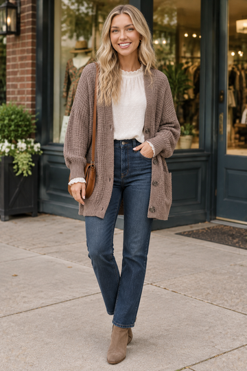 Woman wearing a taupe chunky knit cardigan over an ivory ruffled blouse with dark-wash jeans and ankle boots
