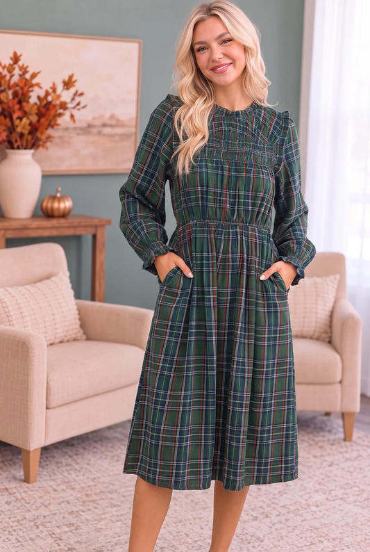 Evergreen Plaid Smocked Pocket Midi Dress