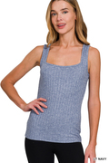 Blue ribbed square neck sleeveless top
