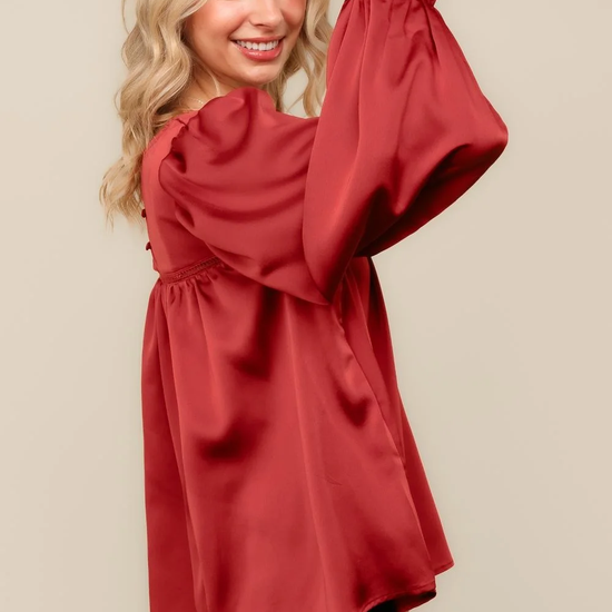 Rust satin balloon sleeve blouse, side view