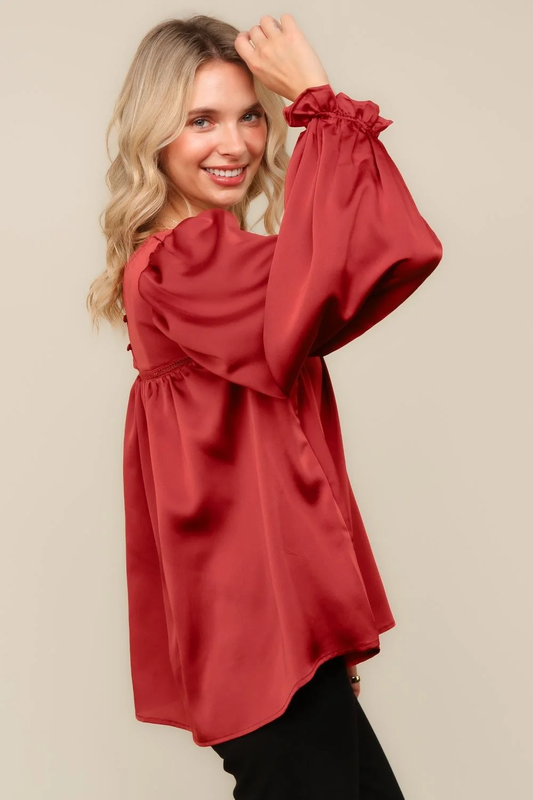 Rust satin balloon sleeve blouse, side view
