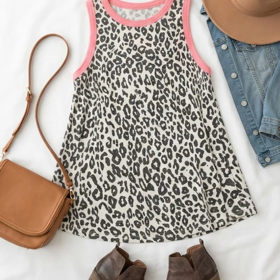 Ivory and charcoal leopard-print swing tank with coral-pink trim styled with a denim jacket, tan hat, brown crossbody bag, and ankle boots
