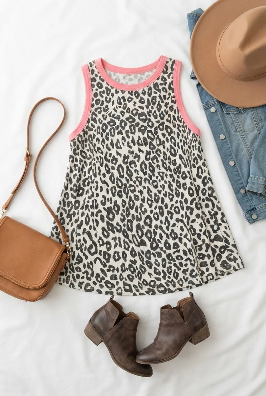 Ivory and charcoal leopard-print swing tank with coral-pink trim styled with a denim jacket, tan hat, brown crossbody bag, and ankle boots