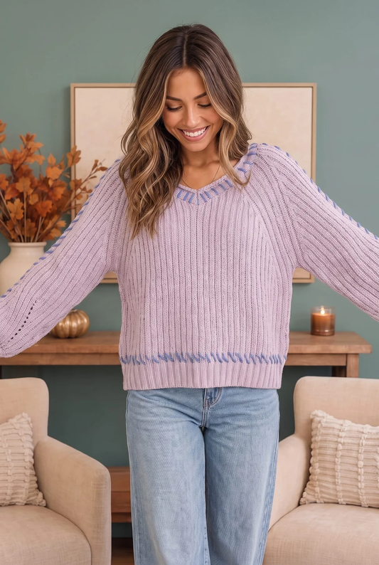 Lavender Daydream Contrast Stitch Sweater