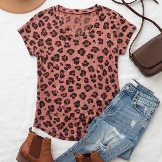 Fall outfit flat lay with a mauve leopard-print top, distressed jeans, brown ankle boots, felt hat, and crossbody bag