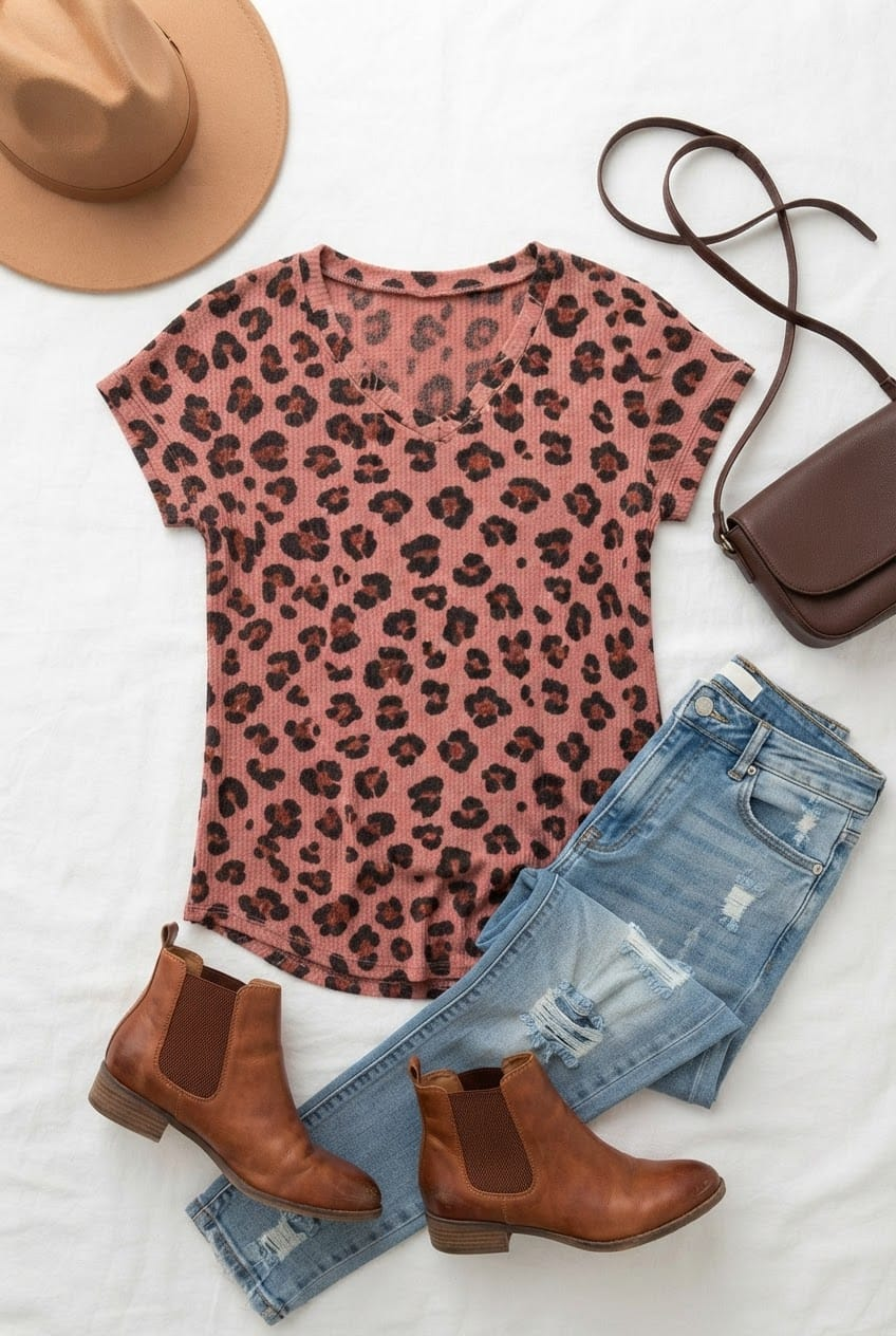 Fall outfit flat lay with a mauve leopard-print top, distressed jeans, brown ankle boots, felt hat, and crossbody bag