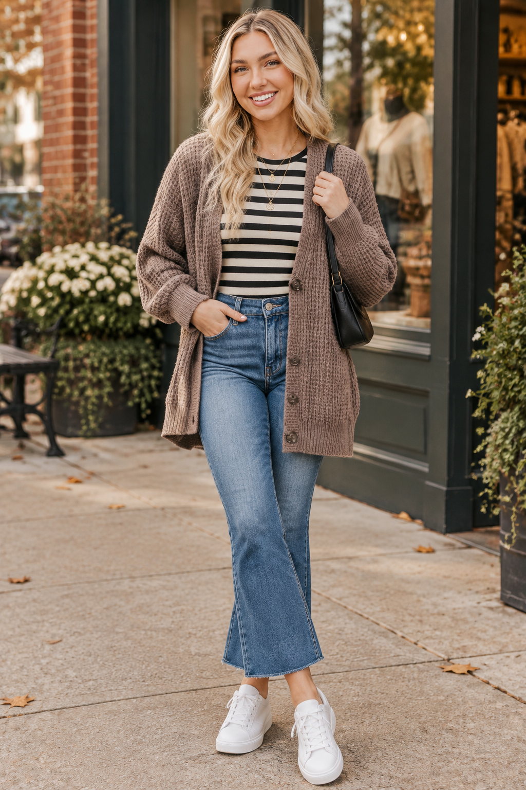 Woman wearing a taupe chunky knit cardigan over a striped long-sleeve shirt with cropped flare jeans and white sneakers
