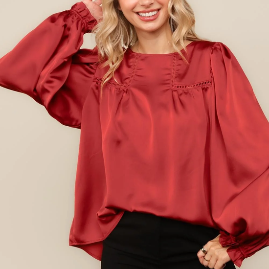 Rust satin balloon sleeve blouse, front view