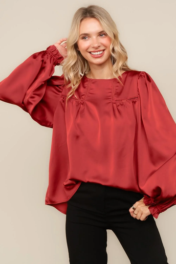 Rust satin balloon sleeve blouse, front view