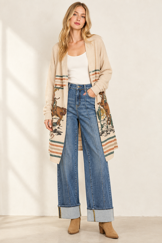AI-styled outfit featuring the Howdy desert print cardigan and cuffed wide-leg pintuck jeans