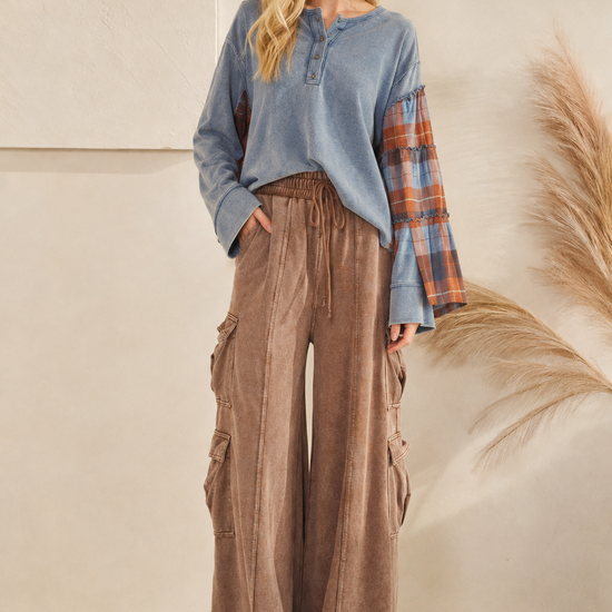 Bluebird Plaid Contrast Top styled with brown wide-leg utility cargo pants
