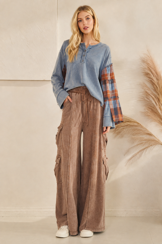 Bluebird Plaid Contrast Top styled with brown wide-leg utility cargo pants